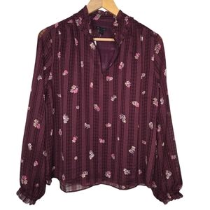 Ann Taylor Womens Burgundy Floral Ruffle Neck Shirred Chiffon Blouse Size Small